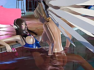 Dva is fucked by the futa mercy at the pool party with her oily body well soaked by the pool water