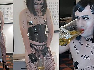 Sissy Whore in PVC and High Heels Drinks Her Own Piss
