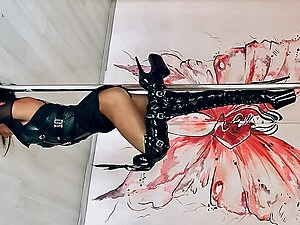 a tranny from Ukraine dances on the pole in patent leather boots