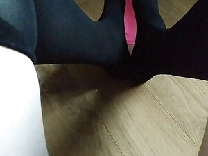 Cute little sissy trying practice footjob in black stockings