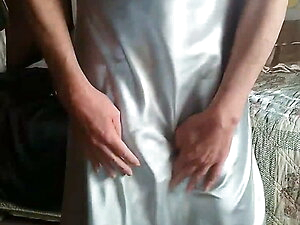 Satin stroking in two nightgowns