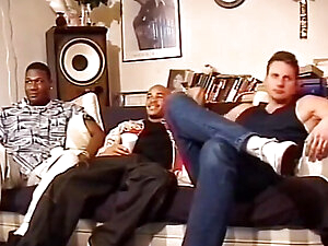 Horny studs suck shemale cock and fuck tranny's mouth in gang bang.